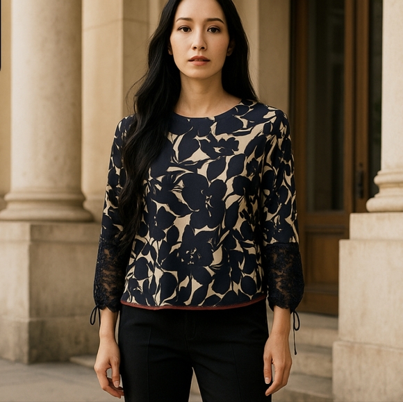 Alfani Tops - Alfani Navy Blue & White Floral Blouse